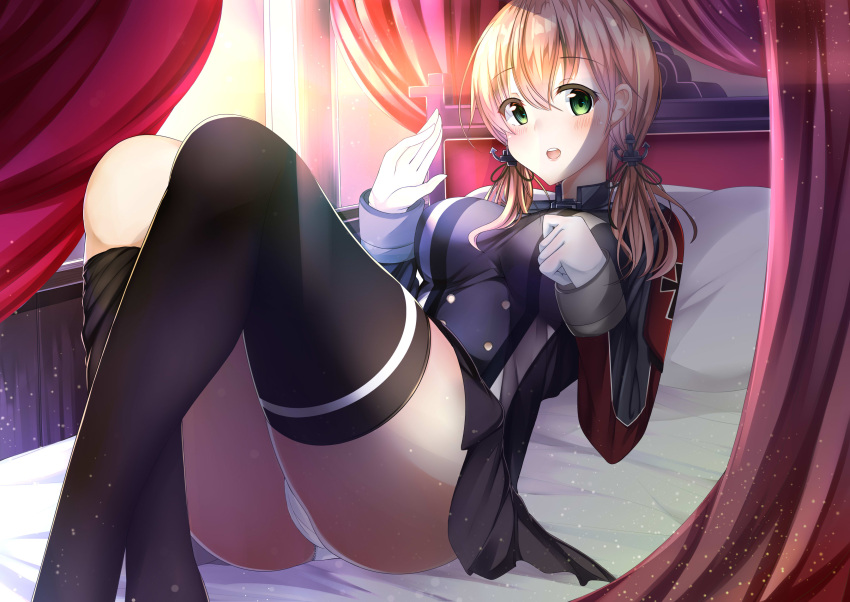 1girl :d absurdres bed black_legwear black_skirt blonde_hair gloves green_eyes hair_between_eyes highres hiragi_ringo kantai_collection long_hair long_sleeves looking_at_viewer low_twintails military military_uniform no_hat no_headwear open_mouth panties pillow pleated_skirt prinz_eugen_(kantai_collection) skirt smile solo thigh-highs twintails underwear uniform white_gloves white_panties window