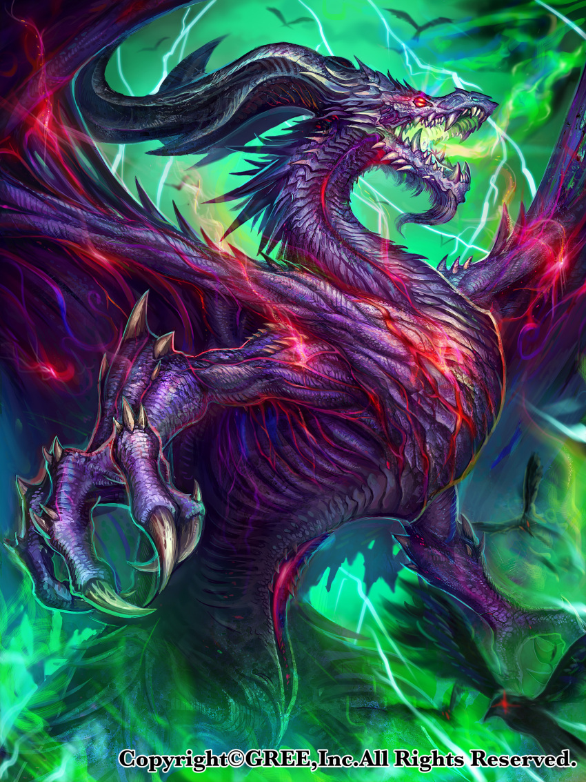 absurdres bird claws commentary_request dragon glowing glowing_eyes green highres lightning monster no_humans official_art open_mouth outdoors seisen_cerberus watermark z.dk