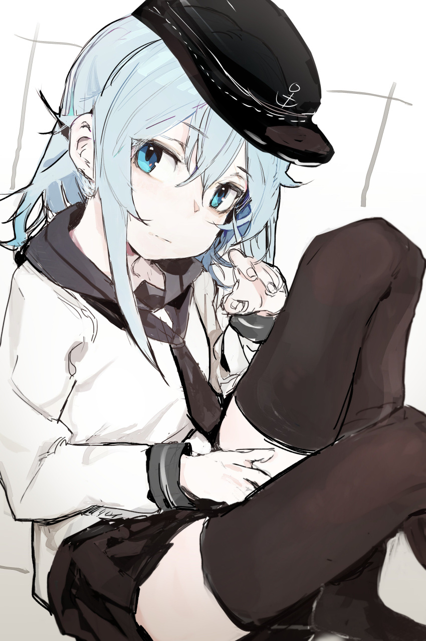 1girl absurdres black_hat black_legwear black_neckwear black_sailor_collar black_skirt blue_eyes blue_hair from_side hair_between_eyes hand_up hat hibiki_(kantai_collection) highres hiranko kantai_collection long_hair long_sleeves looking_at_viewer necktie pleated_skirt sailor_collar school_uniform serafuku shirt sitting skirt solo thigh-highs white_shirt