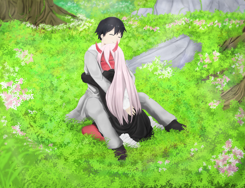 1boy 1girl absurdres bandage black_cloak black_hair blue_eyes blush cloak closed_eyes coat commentary couple crying darling_in_the_franxx flower fur_trim green_eyes grey_coat hetero highres hiro_(darling_in_the_franxx) hood hooded_cloak horns hug long_hair oni_horns parka pink_hair red_horns red_skin seiza short_hair sitting spoilers tears tree user_sanz3828 winter_clothes winter_coat younger zero_two_(darling_in_the_franxx)