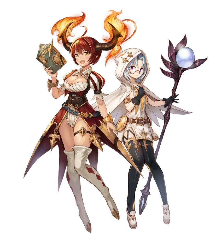 2girls :d ahoge black_gloves black_legwear book boots bracelet breasts cleavage cleavage_cutout cloak collared_shirt copyright_request fire glasses gloves highres holding holding_book holding_staff horns jewelry large_breasts light_blue_hair looking_at_viewer multiple_girls open_mouth redhead shirt simple_background smile sookmo staff thigh-highs thigh_boots violet_eyes white_background white_cloak white_footwear white_shirt