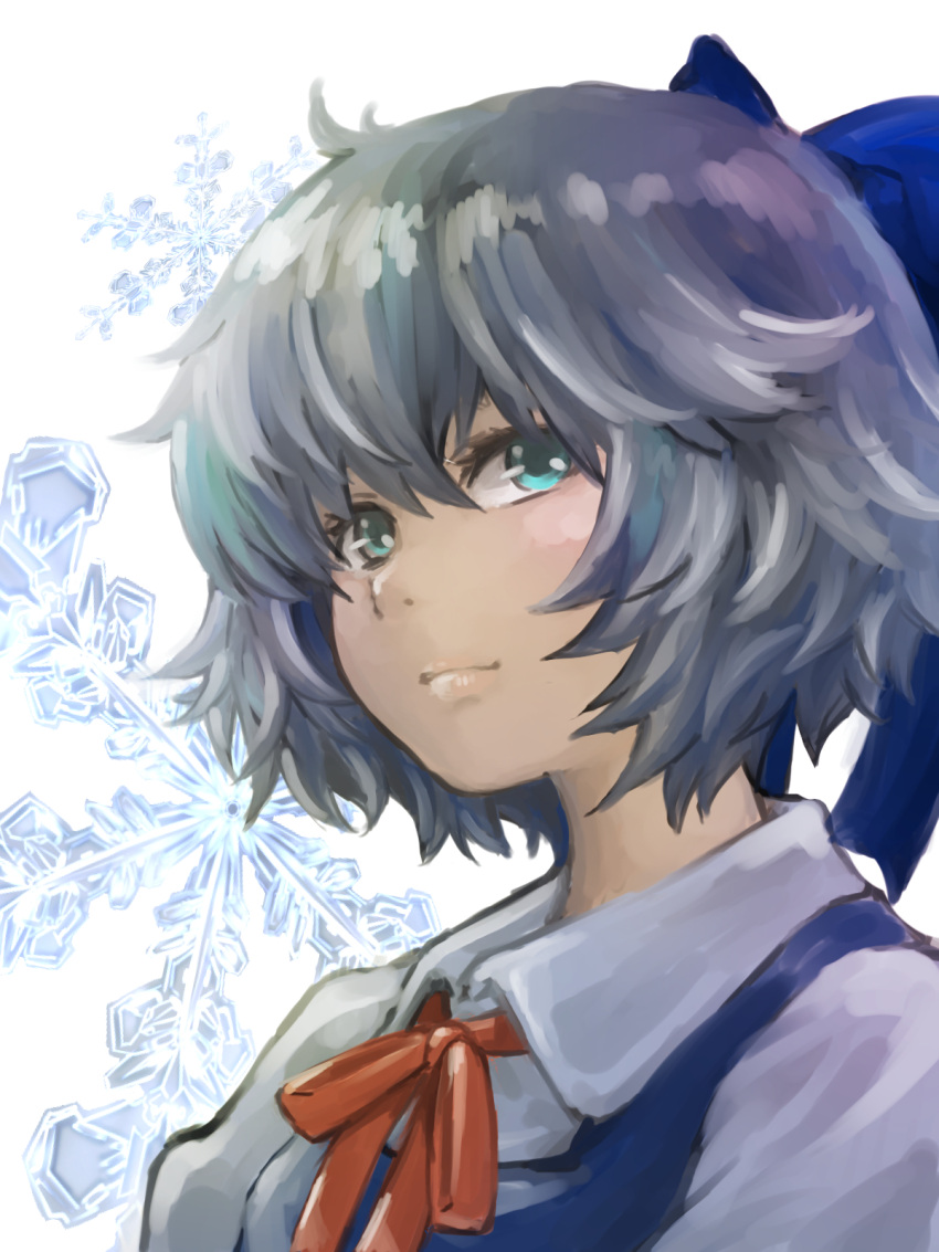 1girl arika_(198906nk) bangs blue_bow blue_eyes blue_hair blue_vest bow cirno expressionless hair_between_eyes hair_bow highres lips looking_away puffy_sleeves red_neckwear red_ribbon ribbon shirt short_hair snowflake_background solo touhou upper_body vest white_background white_shirt wing_collar