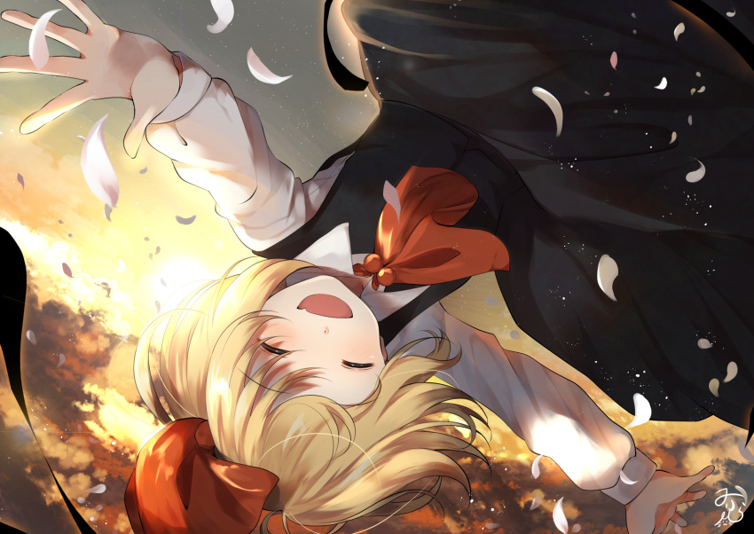 1girl bangs black_skirt black_vest blonde_hair closed_eyes clouds cravat darkness eyebrows_visible_through_hair facing_viewer fang flying gradient_sky hair_ribbon highres light_particles long_sleeves miri_(miri0xl) open_hands open_mouth outdoors outstretched_arms petals red_neckwear ribbon rumia shirt short_hair signature skirt sky smile solo spread_arms star_(sky) starry_sky sunset touhou twilight upside-down vest white_shirt wing_collar