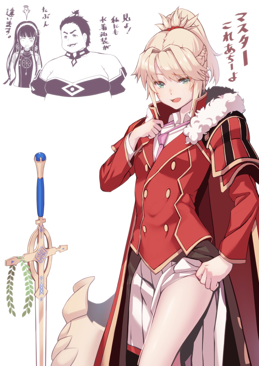 1boy 2girls absurdres adjusting_tie bandeau black_hair blonde_hair blue_eyes braid cape cleopatra_(fate/grand_order) cosplay costume_switch crocea_mors earrings fate/apocrypha fate/grand_order fate_(series) french_braid fur-trimmed_cape fur_trim giving_up_the_ghost hair_ornament hair_scrunchie hairband highres jacket jewelry julius_caesar_(fate/grand_order) laurel_crown long_hair mordred_(fate) mordred_(fate)_(all) multiple_girls necklace necktie ponytail red_cape red_clothes red_jacket red_scrunchie saruchitan scrunchie simple_background skirt smile sword translation_request weapon white_background white_skirt