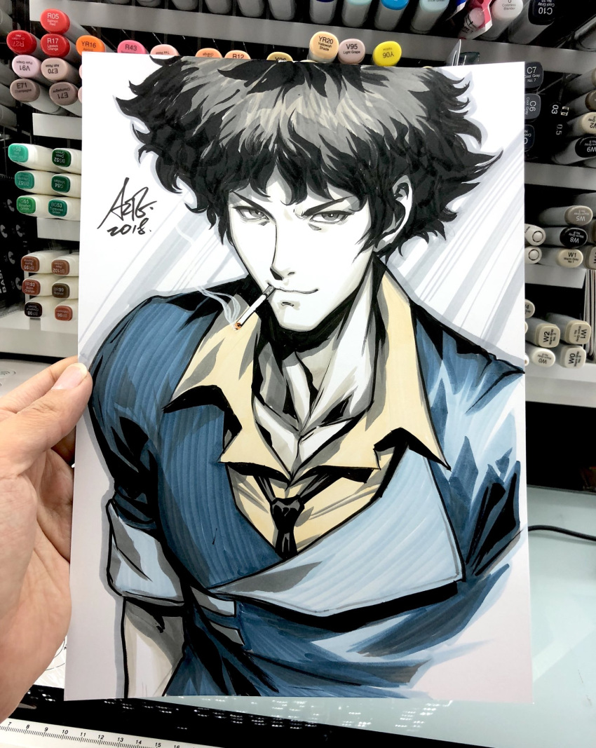 1boy black_hair black_neckwear blue_jacket cigarette closed_mouth collarbone collared_jacket collared_shirt commentary cowboy_bebop facing_viewer highres jacket looking_at_viewer male_focus marker_(medium) necktie shirt short_hair signature sleeves_rolled_up smoking solo spike_spiegel stanley_lau traditional_media yellow_shirt