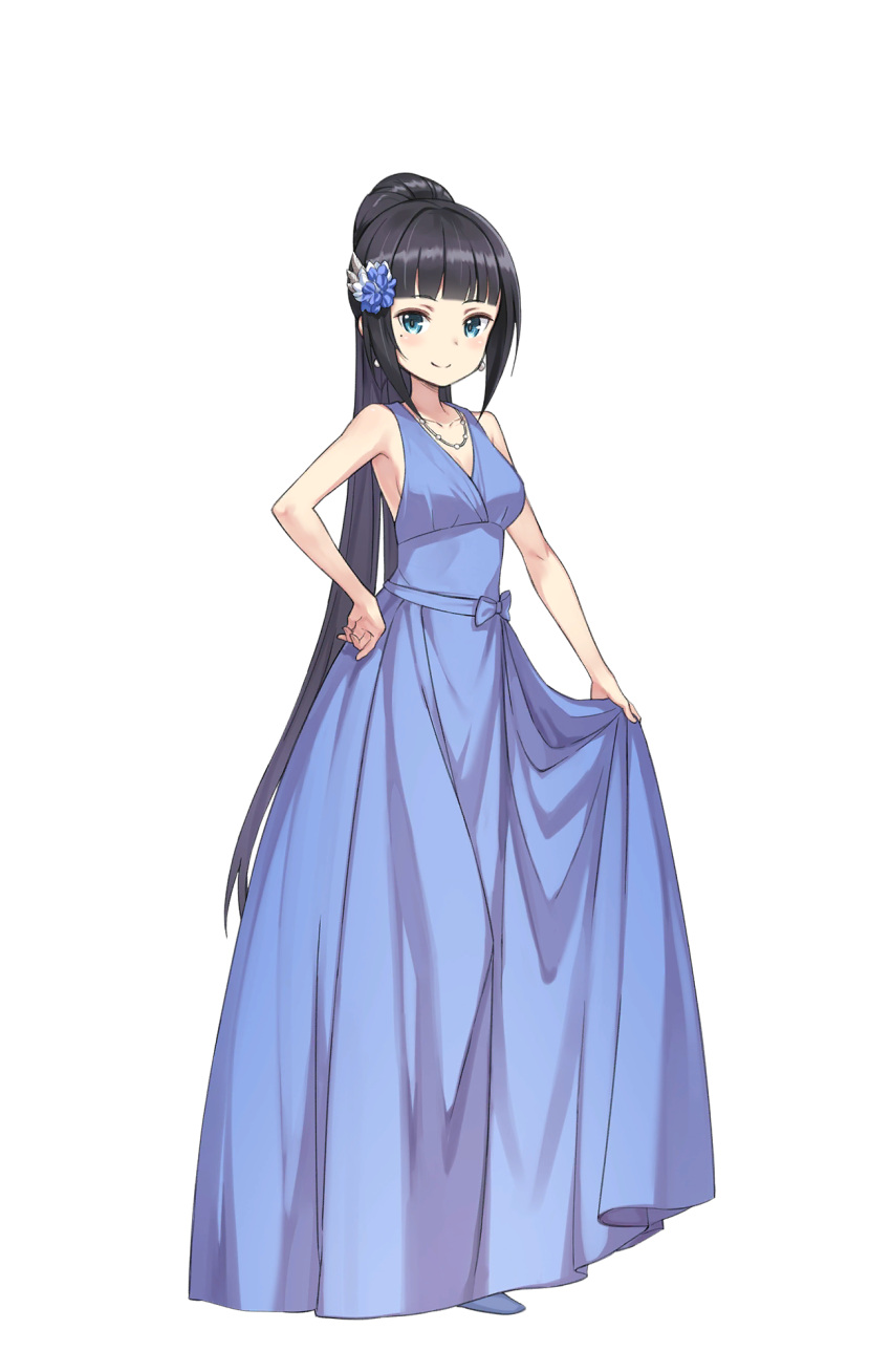 1girl black_hair blue_dress blue_eyes blush dress earrings full_body hair_ornament hand_on_hip highres jewelry josie_rosebud long_hair looking_at_viewer mole mole_under_eye necklace official_art ponytail princess_principal princess_principal_game_of_mission skirt_hold smile standing very_long_hair