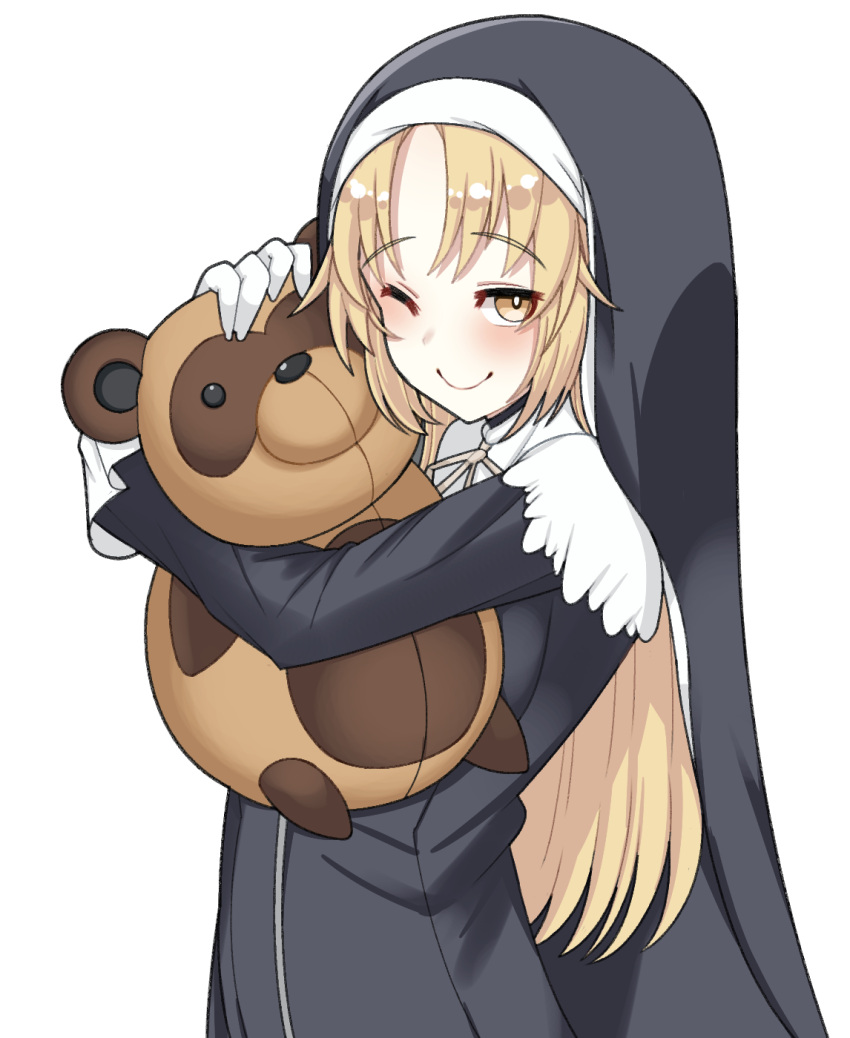 1girl ;) bangs blonde_hair blush capelet eyebrows_visible_through_hair habit highres long_hair looking_at_viewer nijisanji object_hug omas_lie one_eye_closed parted_bangs simple_background sister_cleaire smile solo stuffed_animal stuffed_toy teddy_bear very_long_hair virtual_youtuber white_background white_capelet