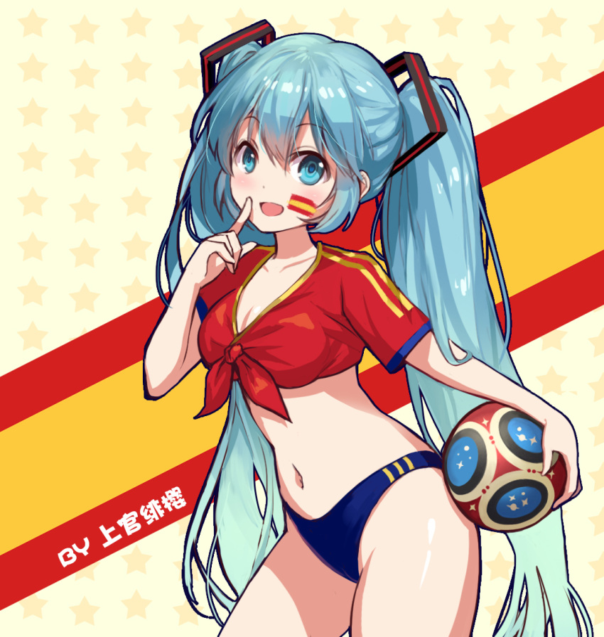 00s 1girl 2018_fifa_world_cup :d ball bangs blue_eyes blue_hair breasts cleavage commentary_request contrapposto cowboy_shot facial_mark hand_up hatsune_miku holding index_finger_raised long_hair looking_at_viewer navel open_mouth panties purple_panties red_shirt shangguan_feiying shirt short_sleeves smile solo spain spanish_flag standing tied_shirt underwear very_long_hair vocaloid world_cup