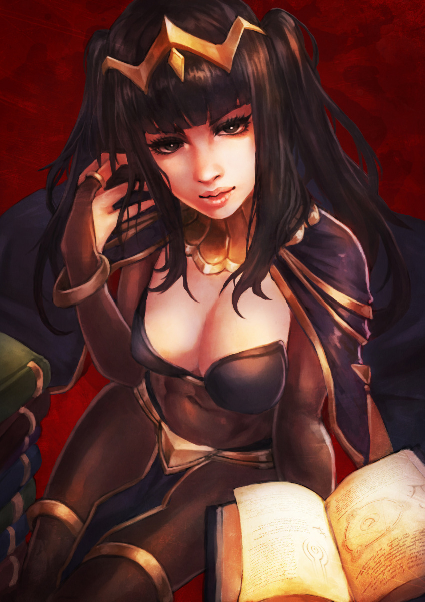 1girl absurdres black_eyes black_hair bodystocking bracelet breasts bridal_gauntlets cape cleavage covered_navel fire_emblem fire_emblem:_kakusei highres jewelry long_hair looking_at_viewer monori_rogue pelvic_curtain red_background solo tharja thigh_strap tiara