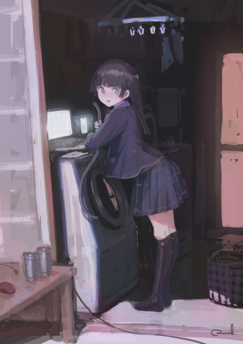 1girl black_hair black_legwear blue_skirt commentary_request computer highres indoors kneehighs laptop leaning_forward long_hair pleated_skirt reoen skirt solo tsukino_mito virtual_youtuber washing_machine