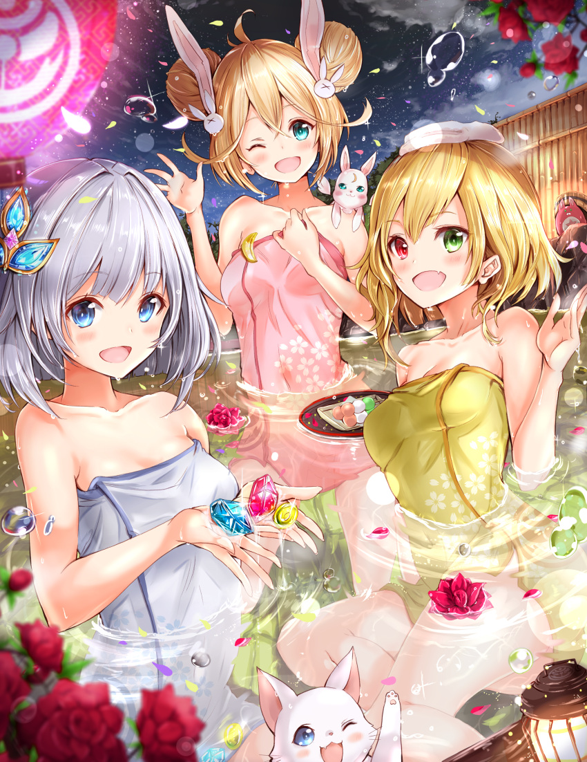 3girls :d ;d absurdres animal_ears bag blonde_hair blue_eyes blush breasts bunny_hair_ornament cat charlotte_(shironeko_project) cleavage collarbone covered_navel double_bun eyebrows_visible_through_hair fake_animal_ears fang flower fuku_kitsune_(fuku_fox) green_eyes grey_towel hair_between_eyes hair_ornament head_tilt heterochromia highres lens_flare long_hair multiple_girls naked_towel night one_eye_closed onsen open_mouth outdoors pink_towel rabbit_ears red_eyes red_flower red_rose rento_(rukeai) rose shironeko_project silver_hair sky small_breasts smile star_(sky) starry_sky tied_hair towel towel_on_head tsukimi_(shironeko_project) yellow_towel