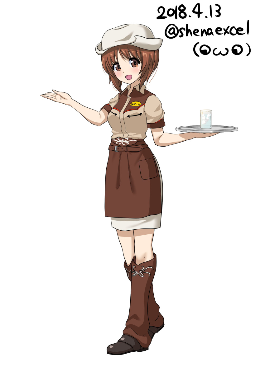 1girl absurdres alternate_costume artist_name bangs boots brown_apron brown_belt brown_eyes brown_footwear brown_hair brown_shirt commentary_request cowboy_boots cowboy_hat dated excel_(shena) eyebrows_visible_through_hair full_body gesture girls_und_panzer glass hat highres holding ice looking_at_viewer medium_skirt nishizumi_miho open_mouth pencil_skirt shirt short_hair short_sleeves signature simple_background skirt smile solo standing tray twitter_username waitress water white_background white_hat white_skirt
