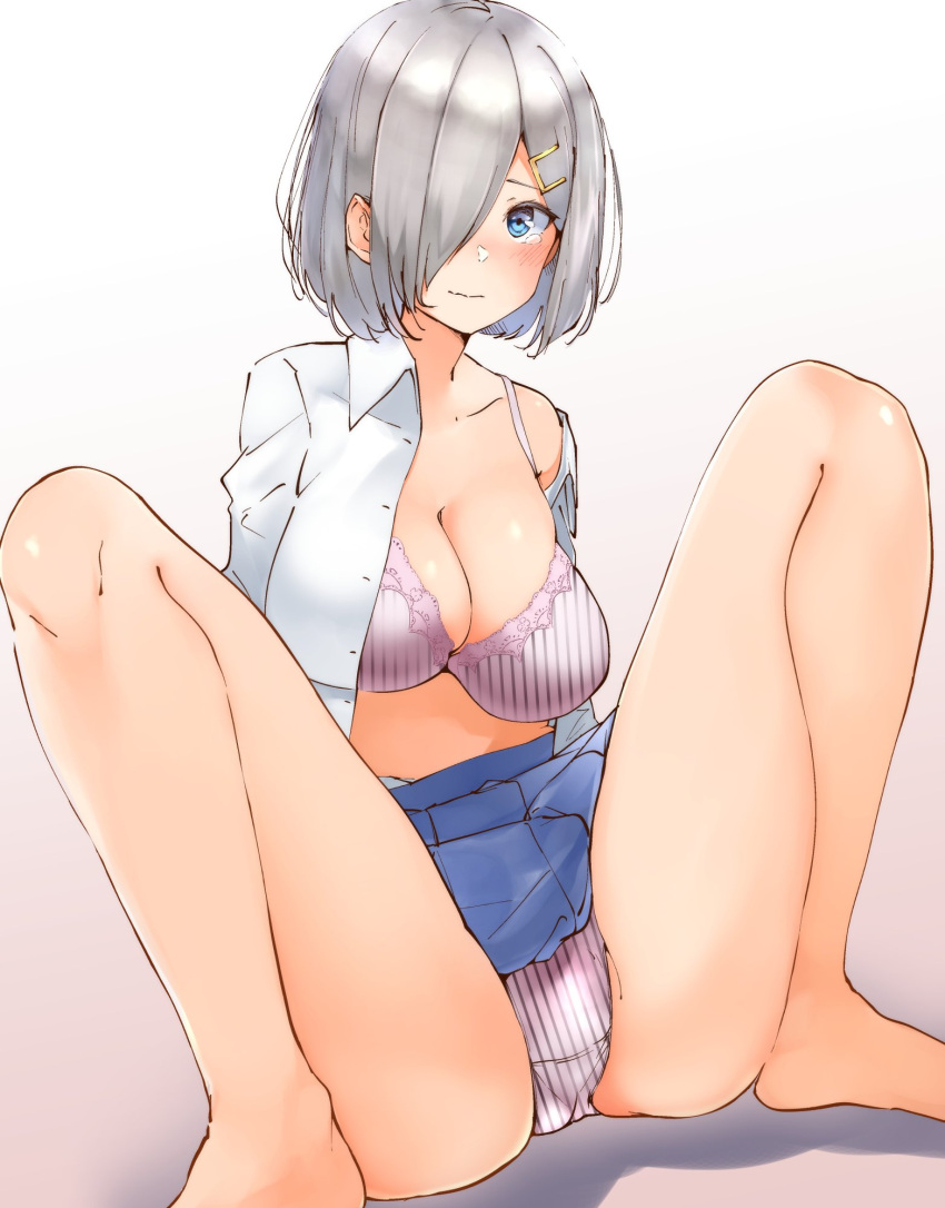 1girl blue_eyes blue_skirt blush bra breasts cleavage collarbone gradient gradient_background hair_over_one_eye hamakaze_(kantai_collection) hechi_(hechi322) highres kantai_collection large_breasts looking_at_viewer nose_blush open_clothes open_shirt panties pleated_skirt purple_bra purple_panties short_hair silver_hair sitting skirt skirt_up solo striped striped_bra striped_panties underwear