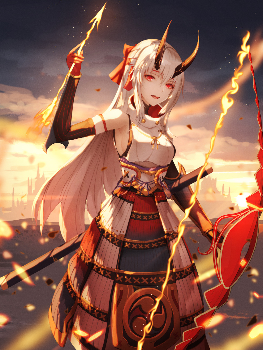1girl absurdres armor bow_(weapon) breasts fate/grand_order fate_(series) foka_(beginner) hair_between_eyes headband highres holding holding_bow_(weapon) holding_weapon horns japanese_armor japanese_clothes kusazuri oni oni_horns open_mouth red_eyes slit_pupils sode solo tomoe_gozen_(fate/grand_order) weapon white_hair