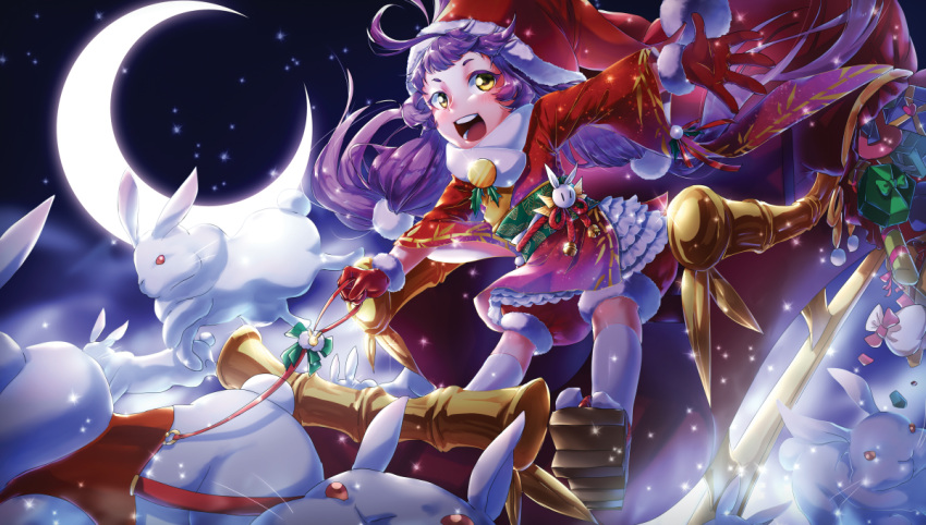 1girl alternate_costume animal_ears blush bunny_tail christmas coffinkun force_of_will fur_trim gift gloves hat kaguya_(force_of_will) long_hair low_twintails moon night night_sky open_mouth purple_hair rabbit rabbit_ears sandals santa_costume santa_hat sky solo sparkle star_(sky) tail teeth thigh-highs twintails yellow_eyes