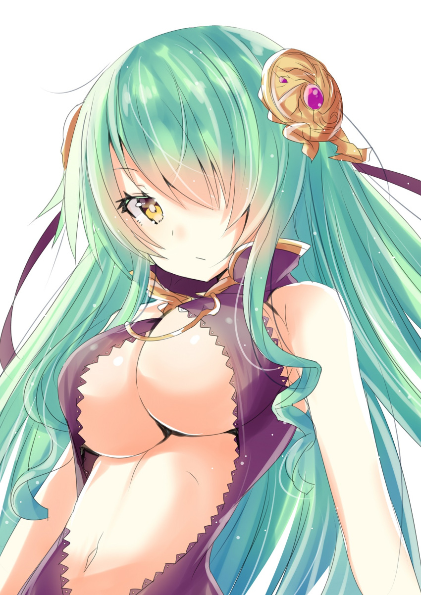 1girl aqua_hair bare_shoulders breasts character_request cleavage_cutout hair_ornament hair_over_one_eye highres hizaka large_breasts looking_at_viewer navel rance_(series) simple_background sleeveless solo white_background yellow_eyes