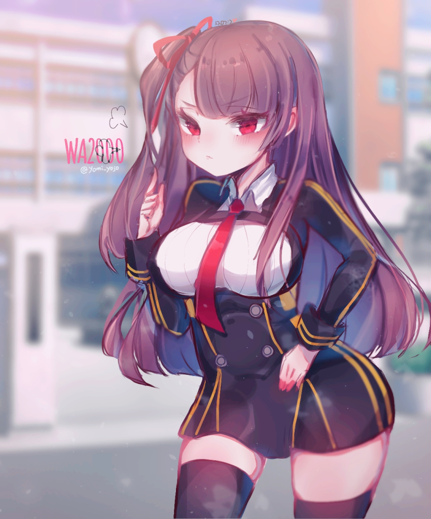 1girl arm_up artist_name bangs black_legwear blazer blush breasts brown_hair building character_name closed_mouth double-breasted eyebrows_visible_through_hair framed_breasts frown girls_frontline hair_ribbon half_updo highres jacket large_breasts long_hair necktie one_side_up pelvic_curtain purple_hair red_eyes red_neckwear red_ribbon ribbon shirt sidelocks skirt solo thighs very_long_hair wa2000_(girls_frontline) yomi_yojo