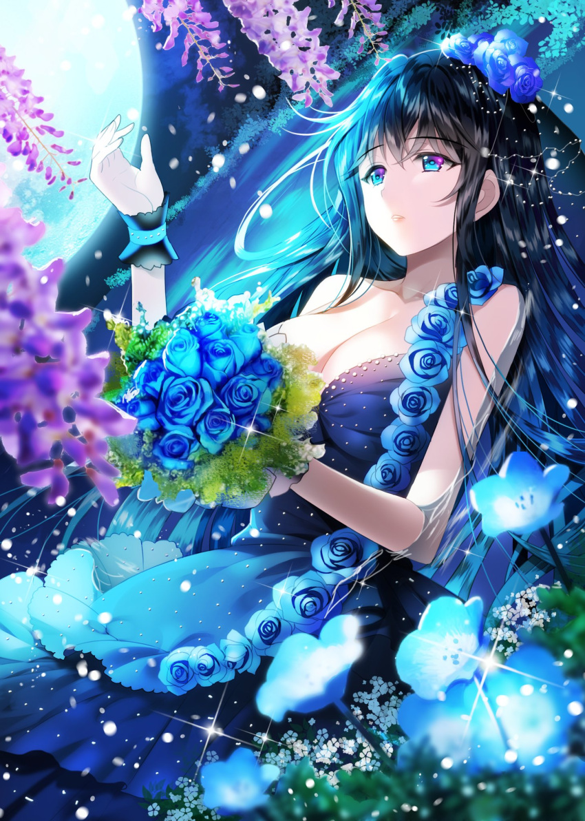 1girl aile_(crossroads) bangs black_hair blue_dress blue_eyes blue_flower blue_hair bouquet breasts cleavage collarbone dress dutch_angle eyebrows_visible_through_hair flower hair_between_eyes highres holding holding_bouquet large_breasts layered_dress long_hair lying moon multicolored_hair night on_back original outdoors parted_lips purple_flower sleeveless sleeveless_dress solo sparkle striped striped_dress two-tone_hair very_long_hair wrist_cuffs