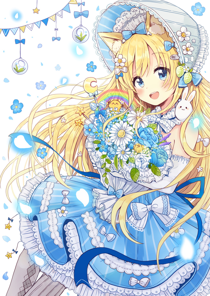 1girl absurdres animal_ears argyle argyle_legwear blonde_hair blue_eyes blush bonnet bouquet bow cat_ears dress elbow_gloves eyebrows_visible_through_hair flower gloves hair_bow hair_ornament hairclip highres long_hair open_mouth original sakura_oriko solo