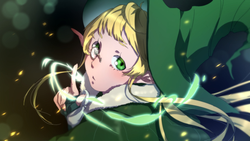 1girl back blonde_hair blush coffinkun fiethsing_(force_of_will) force_of_will fur_trim green_eyes hat highres long_hair monocle open_mouth pointy_ears solo
