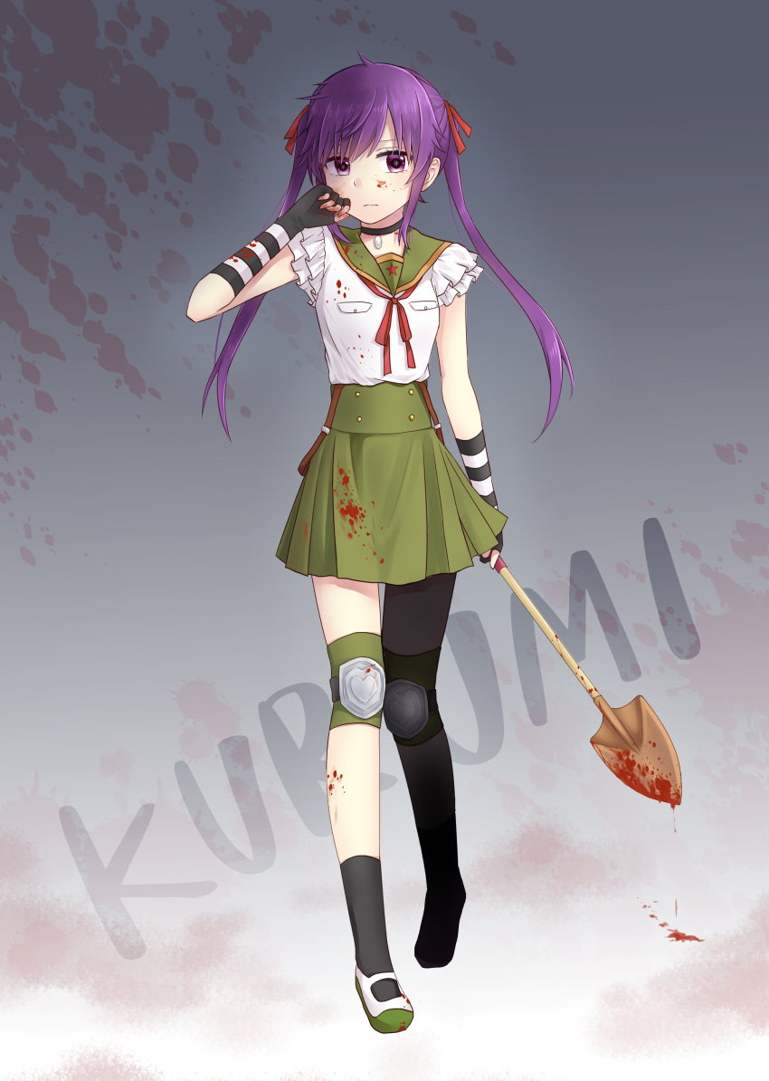 1girl absurdres asymmetrical_legwear black_gloves black_legwear blood blood_on_face blood_splatter bloody_clothes bloody_weapon character_name choker ebisuzawa_kurumi elbow_gloves eyebrows_visible_through_hair fingerless_gloves floating_hair full_body gakkou_gurashi! gloves gradient gradient_background grey_background hair_between_eyes hair_ribbon highres knee_pads long_hair looking_at_viewer mary_janes meuro_sutera miniskirt neck_ribbon pleated_skirt purple_hair red_ribbon ribbon school_uniform shirt shoes skirt sleeveless sleeveless_shirt solo standing twintails uniform violet_eyes weapon white_shirt