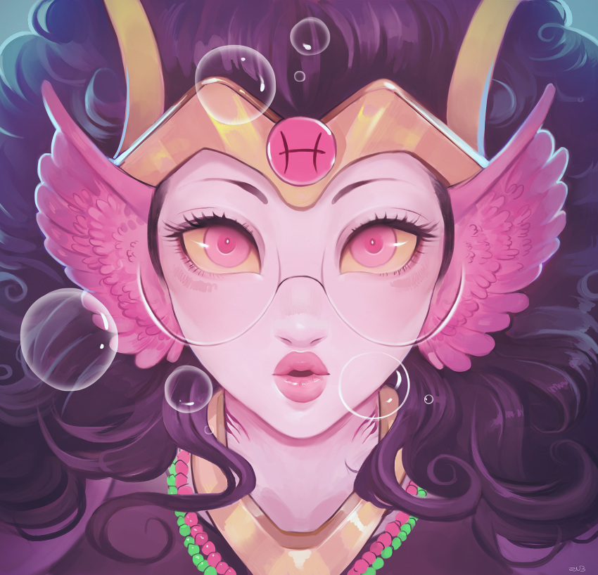 1girl big_hair black_hair bubble close-up diadem eyelashes face feferi_peixes gills head_fins highres homestuck jewelry lips looking_at_viewer necklace parted_lips pink_eyes pink_lips pisces solo wavy_hair yellow_sclera zv33