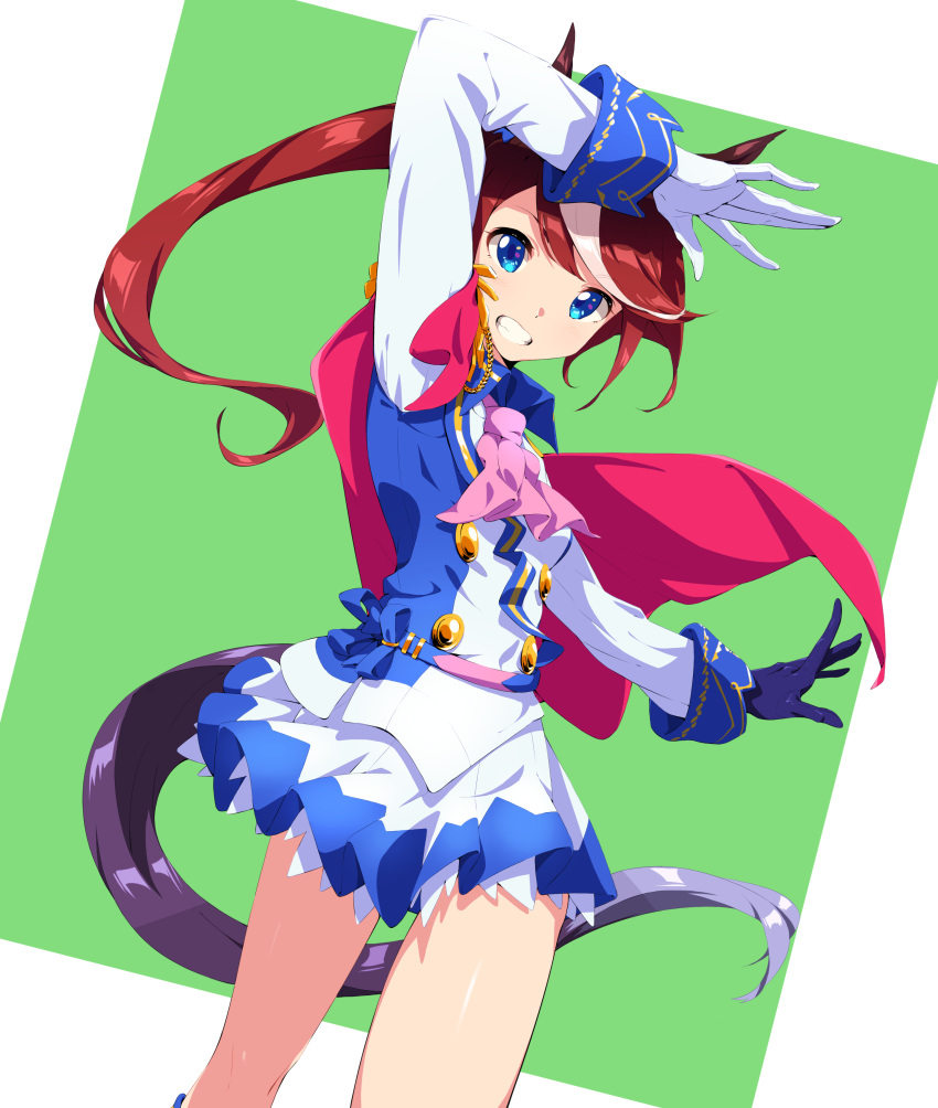 1girl absurdres animal_ears ascot black_gloves blue_eyes brown_hair commentary_request gloves grin highres horse_ears horse_tail long_hair miniskirt mismatched_gloves multicolored_hair pleated_skirt ponytail shuuto_(shu-toritu) simple_background skirt smile solo tail tokai_teio two-tone_hair umamusume white_gloves