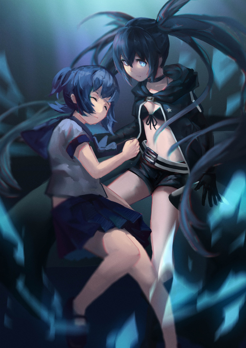 2girls absurdres bangs belt black_bikini_top black_cape black_footwear black_gloves black_hair black_rock_shooter black_rock_shooter_(character) black_shorts blue_eyes blue_hair blue_neckwear blue_skirt breasts cape choker cleavage closed_eyes collarbone floating_hair gloves grey_shirt hair_between_eyes highres hooded kuroi_mato long_hair luobo_carrot mary_janes midriff miniskirt multiple_girls navel neckerchief pleated_skirt school_uniform shirt shoes short_hair short_shorts short_sleeves shorts skirt small_breasts star star_print stomach twintails uniform very_long_hair