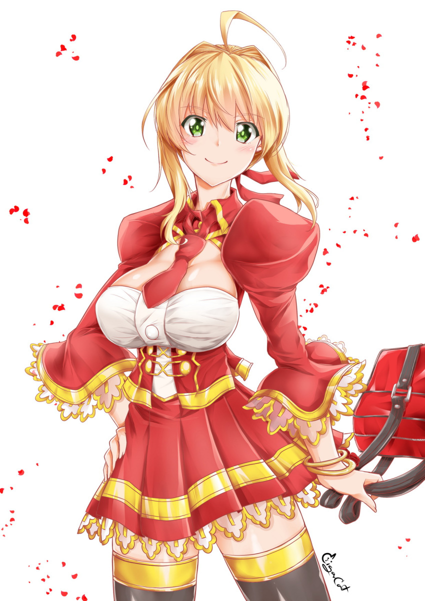 1girl ahoge bag bangs blonde_hair blouse bracelet breasts cherry_blossoms cigar_cat cleavage collar collared_dress corset cowboy_shot dress eyebrows_visible_through_hair fate/grand_order fate_(series) frilled_sleeves frills gradient green_eyes hair_between_eyes hair_intakes handbag highres jewelry juliet_sleeves large_breasts long_hair long_sleeves looking_at_viewer necktie nero_claudius_(fate) nero_claudius_(fate)_(all) puffy_sleeves red_dress red_ribbon ribbon simple_background smile solo thigh-highs white_background