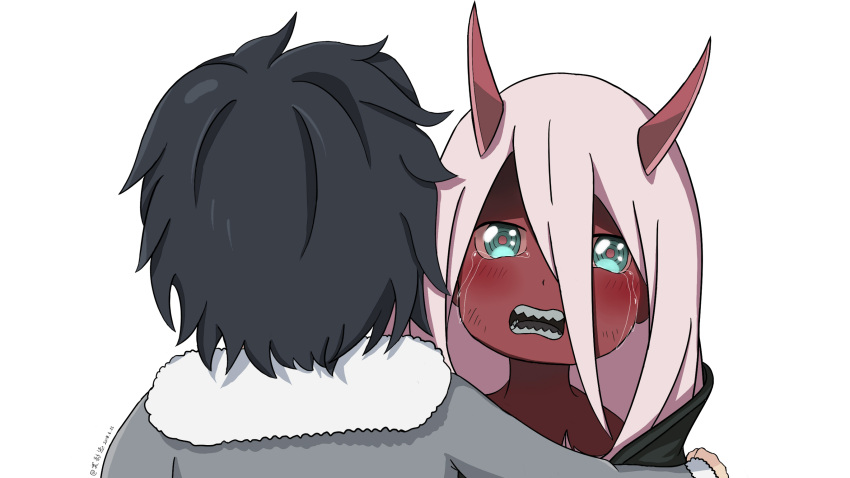 1boy 1girl black_cloak black_hair blush cloak coat commentary_request couple crying crying_with_eyes_open darling_in_the_franxx fur_trim green_eyes grey_coat hetero highres hiro_(darling_in_the_franxx) hood hooded_cloak horns hug long_hair looking_at_viewer oni_horns open_mouth parka pink_hair red_horns red_pupils red_sclera red_skin sharp_teeth short_hair signature spoilers tears teeth winter_clothes winter_coat xiaoying_yuan younger zero_two_(darling_in_the_franxx)