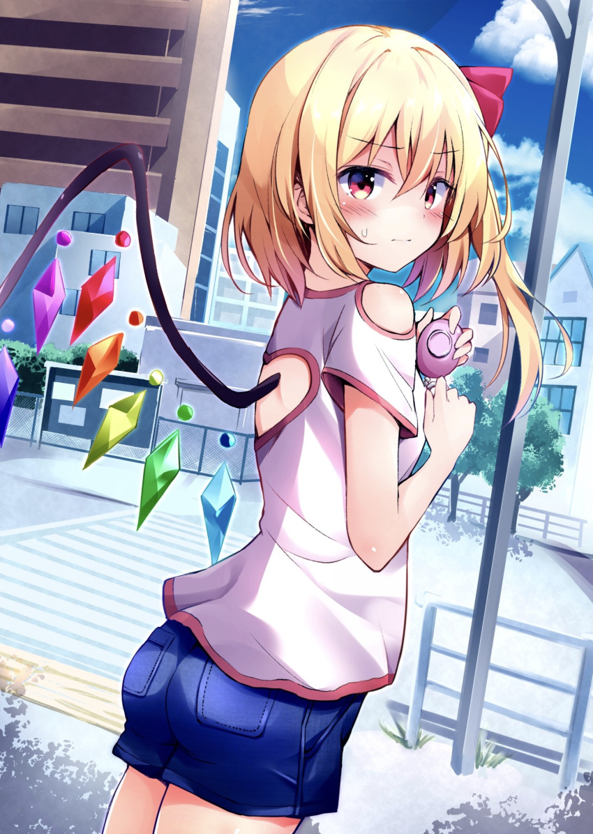 1girl alternate_costume ass bare_shoulders blonde_hair blue_sky blush breasts building casual city clouds commentary_request contemporary cowboy_shot crystal day denim denim_shorts dutch_angle eyebrows_visible_through_hair flandre_scarlet hair_between_eyes hair_ribbon hands_up highres holding hyurasan looking_at_viewer looking_back medium_breasts no_hat no_headwear one_side_up outdoors red_eyes red_ribbon ribbon shirt short_hair short_shorts short_sleeves shorts shoulder_cutout sky solo standing touhou tree white_shirt wings