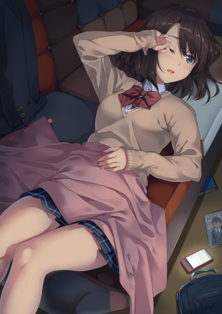 1girl bow bowtie brown_eyes brown_hair brown_sweater cellphone crying crying_with_eyes_open dress_shirt highres indoors lying miniskirt on_back one_eye_closed open_mouth original phone pleated_skirt red_bow red_neckwear shirt short_hair skirt smartphone solo sweater tears unasaka_ryou white_shirt