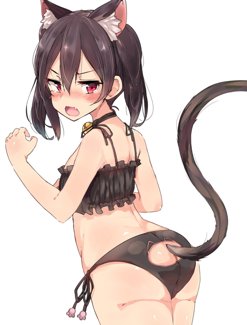 1girl animal_ears ass ass_cutout back bell bell_choker black_bra black_choker black_hair black_panties blush bra breasts cat_ears cat_lingerie cat_tail choker claw_pose frilled_bra frills from_behind hands_up highres jingle_bell kemonomimi_mode lingerie looking_at_viewer looking_back love_live! love_live!_school_idol_project meme_attire nose_blush open_mouth panties red_eyes shoero side-tie_panties simple_background small_breasts solo tail tail_cutout tearing_up tears underwear underwear_only white_background yazawa_nico