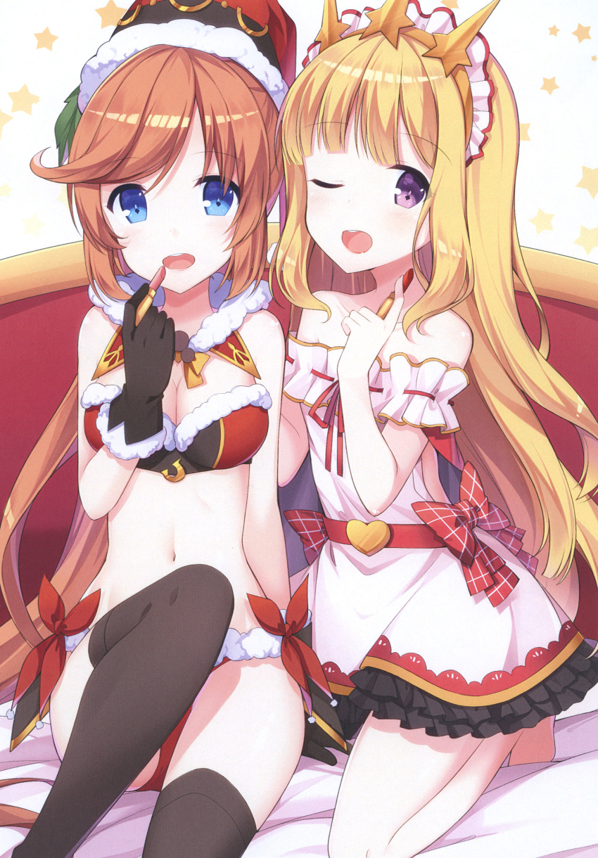 2girls :d ;d absurdres amemiya_ruki bed black_gloves black_legwear blonde_hair blue_eyes bow bra breasts brown_hair cagliostro_(granblue_fantasy) cleavage collarbone floating_hair fur_trim gloves granblue_fantasy hat headdress highres holding_lipstick long_hair medium_breasts multiple_girls navel one_eye_closed open_mouth panties red_bow red_hat red_panties ribbon_trim santa_hat smile star stomach strapless strapless_bra thigh-highs underwear very_long_hair violet_eyes white_background