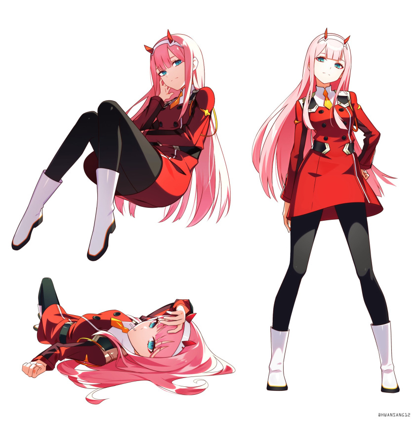 1girl aqua_eyes arm_at_side artist_name bangs belt black_legwear blunt_bangs boots breasts buttons candy darling_in_the_franxx dress eyeshadow food full_body hairband highres horns hwansang in_mouth knees_together_feet_apart lollipop long_hair long_sleeves looking_at_viewer lying makeup medium_breasts multiple_views necktie on_back orange_neckwear pantyhose pink_hair red_dress red_horns short_dress short_necktie simple_background sitting solo standing straight_hair twitter_username uniform white_background white_footwear white_hairband zero_two_(darling_in_the_franxx)