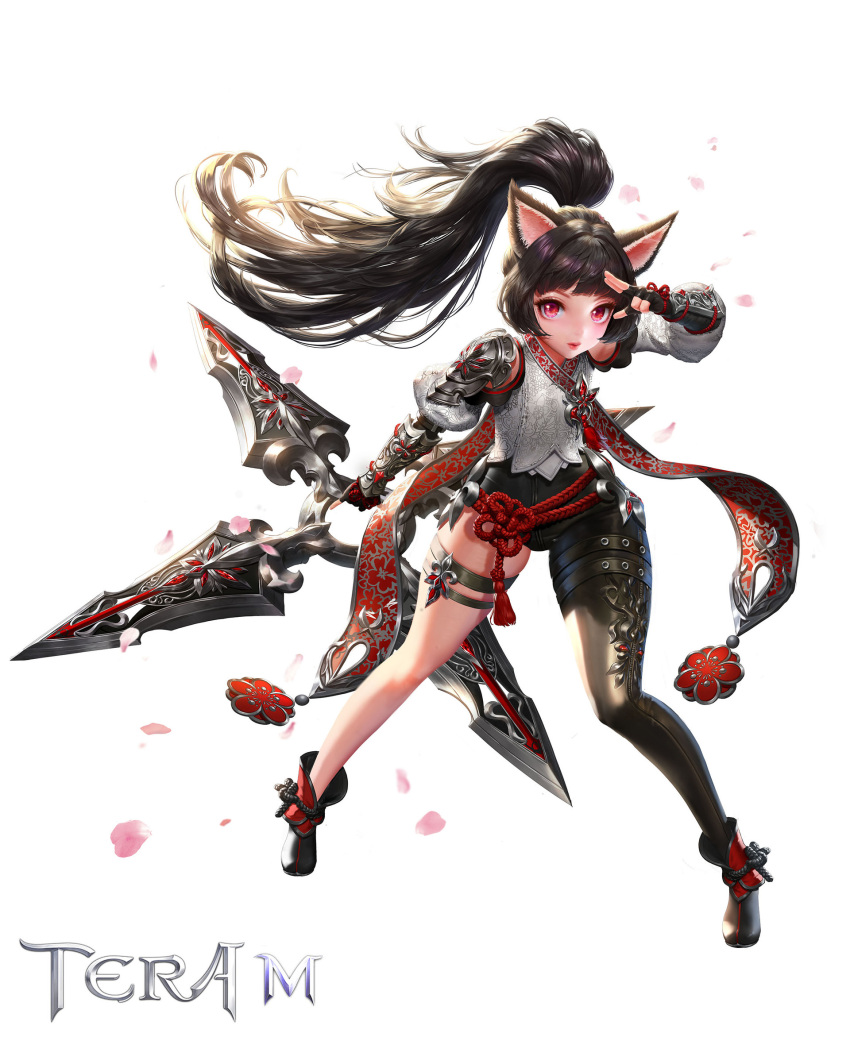 1girl animal_ears arm_up armor black_bodysuit black_footwear black_gloves black_hair bodysuit boots cat_ears cherry_blossoms dospi elin_(tera) fingerless_gloves full_body gloves highres huge_weapon lips long_hair outstretched_arm petals ponytail red_eyes rope shirt shuriken solo tera_online thigh_strap very_long_hair weapon white_shirt