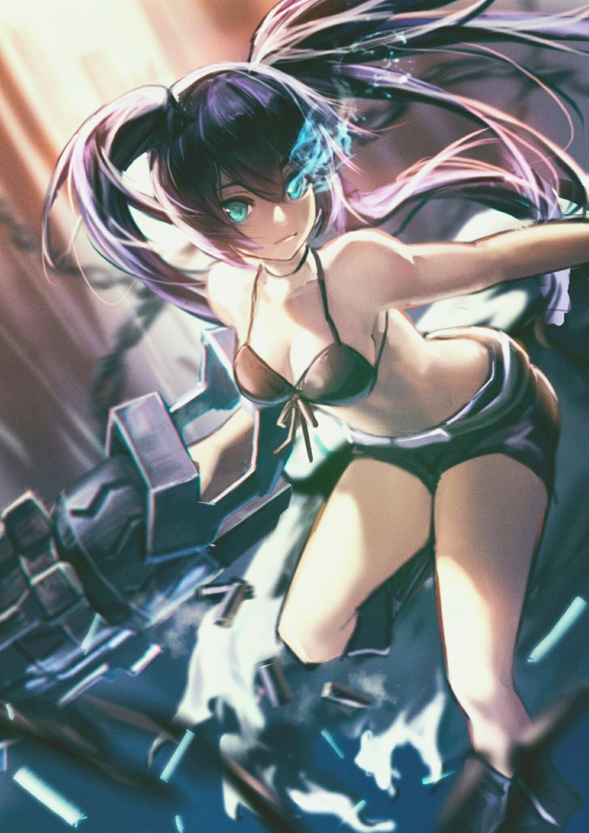 1girl black_bikini_top black_footwear black_hair black_rock_shooter black_rock_shooter_(character) black_shorts blue_eyes boots breasts burning_eye cleavage collarbone floating_hair front-tie_bikini front-tie_top hair_between_eyes halterneck highres knee_boots long_hair looking_at_viewer luobo_carrot medium_breasts midriff outstretched_arm short_shorts shorts solo stomach twintails very_long_hair