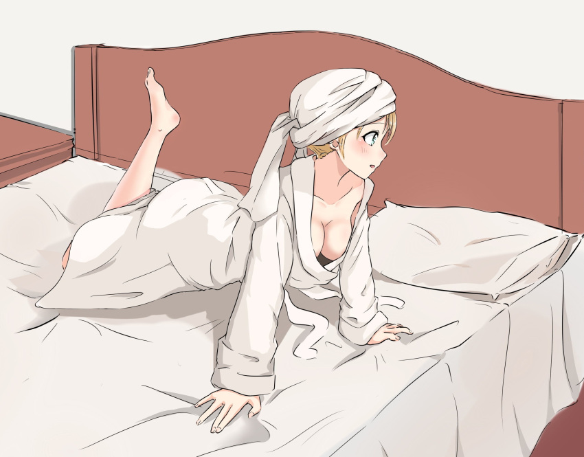 1girl all_fours bed bed_sheet bedroom blonde_hair breasts cleavage collarbone dabaizhao full_body green_eyes highres indoors kantai_collection pillow prinz_eugen_(kantai_collection) short_hair sketch solo