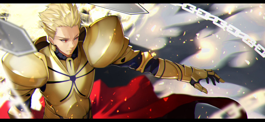 1boy 55level blonde_hair chains closed_mouth earrings fate/grand_order fate/stay_night fate_(series) gilgamesh gloves gold_armor highres jewelry letterboxed looking_away male_focus red_eyes solo sword upper_body weapon