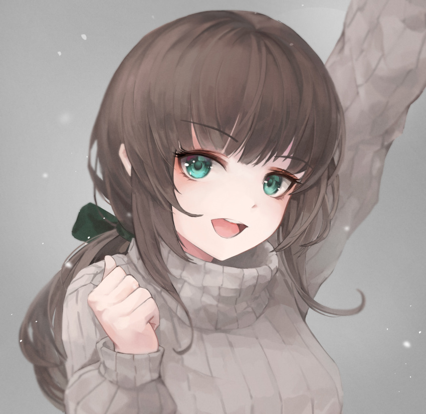1girl :d aqua_eyes arm_up bangs breasts brown_hair clenched_hand crystalherb eyebrows_visible_through_hair grey_background hair_ribbon highres long_hair long_sleeves looking_at_viewer medium_breasts open_mouth original ponytail ribbed_sweater ribbon round_teeth smile solo sweater teeth turtleneck turtleneck_sweater upper_body