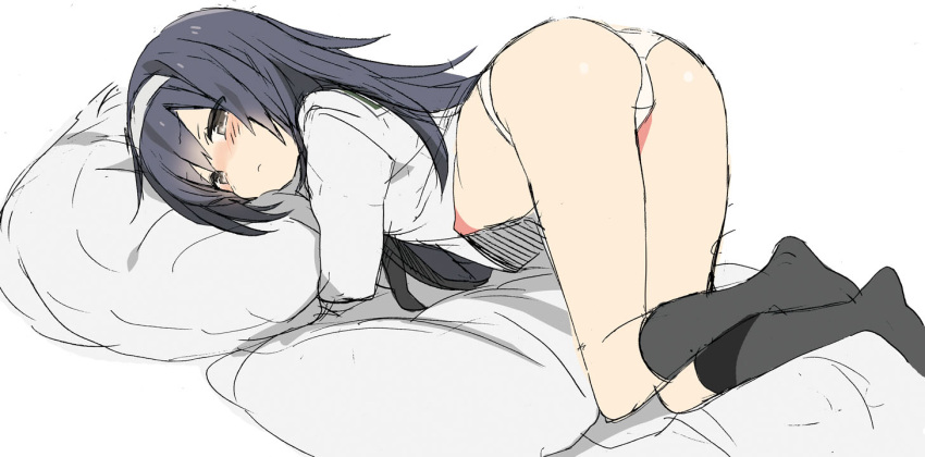 1girl araki_kanao ass bangs black_hair black_legwear black_neckwear blouse blush brown_eyes closed_mouth crotch_seam embarrassed frown girls_und_panzer hairband legs long_hair long_sleeves looking_at_viewer looking_back lying neckerchief no_pants on_stomach ooarai_school_uniform panties pillow pillow_hug reizei_mako school_uniform serafuku sketch socks solo underwear white_blouse white_hairband white_panties