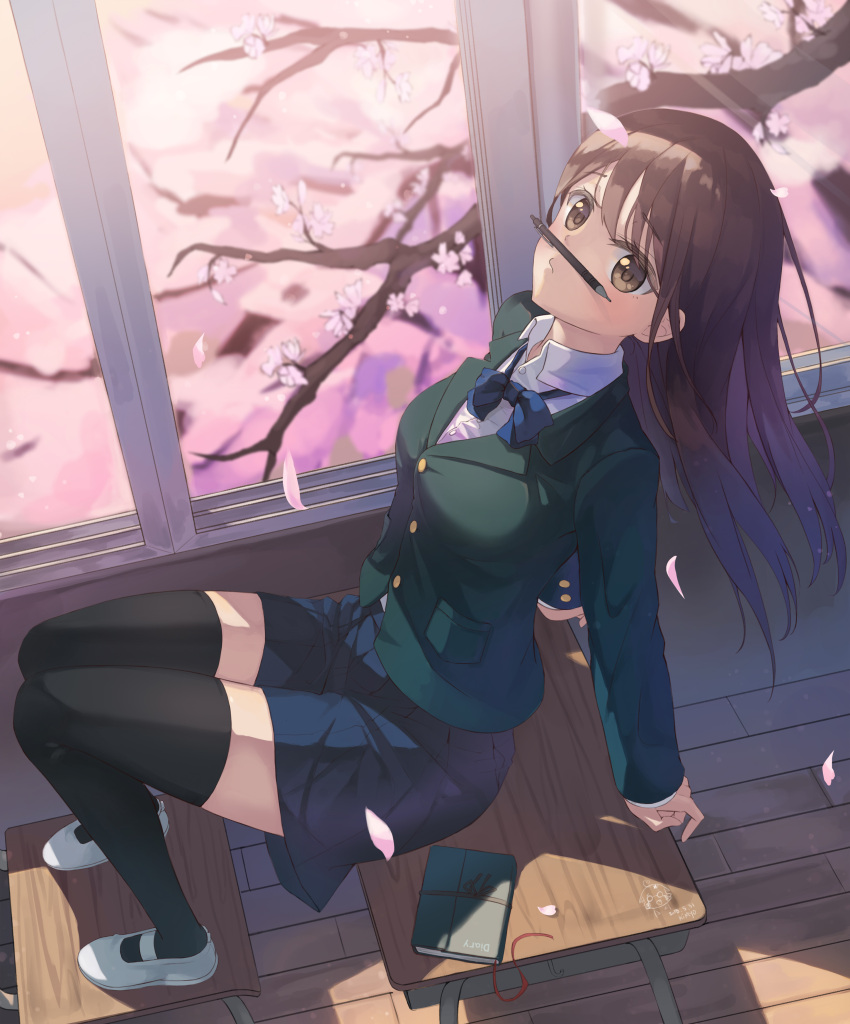 1girl absurdres black_legwear black_skirt blush breasts brown_eyes brown_hair cherry_blossoms classroom closed_mouth collared_shirt desk diary eyebrows_visible_through_hair highres indoors kimyo large_breasts long_hair long_sleeves looking_at_viewer original pencil shirt sitting skirt solo thigh-highs uniform window