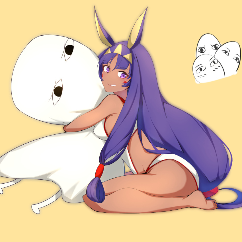1girl animal_ears barefoot bed_sheet dark_skin earrings facepaint facial_mark fate/grand_order fate_(series) from_side full_body grin hair_between_eyes hair_tubes hairband highres hoop_earrings jackal_ears jewelry long_hair looking_at_viewer low-tied_long_hair medjed nitocris_(fate/grand_order) nitocris_(swimsuit_assassin)_(fate) object_hug one-piece_swimsuit purple_hair sitting smile swimsuit violet_eyes wan_ban wariza white_swimsuit yellow_background