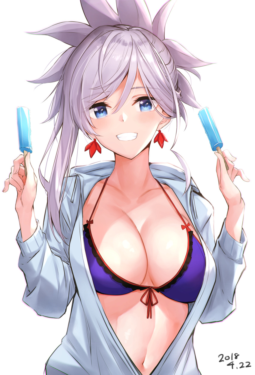 1girl absurdres anza_tomo bikini_top blue_eyes breasts cleavage commentary_request earrings fate/grand_order fate_(series) food grin highres holding hood hoodie jewelry large_breasts miyamoto_musashi_(fate/grand_order) navel pink_hair popsicle shirt smile solo stomach upper_body