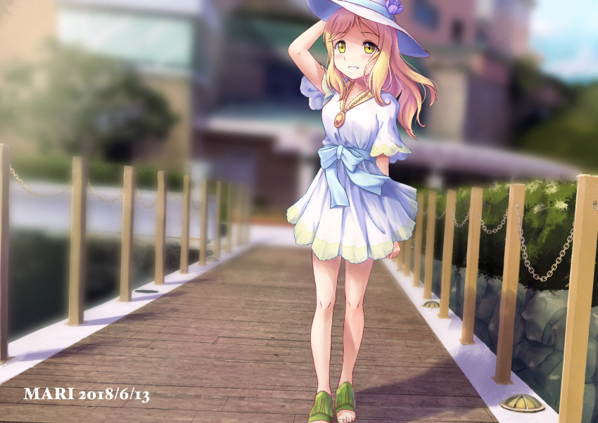 1girl absurdres arm_at_side b.ren blonde_hair blurry blurry_background chains character_name dated dress flower green_footwear grin hair_down hand_on_headwear hat hat_flower highres jewelry long_hair looking_at_viewer love_live! love_live!_sunshine!! ohara_mari open_toe_shoes outdoors pendant pier sash short_sleeves smile solo standing sun_hat white_dress yellow_eyes