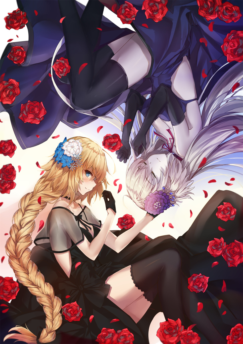 2girls absurdres bangs black_dress black_gloves black_legwear blonde_hair blue_eyes blue_flower blush braid breasts choker closed_eyes dress elbow_gloves eyebrows_visible_through_hair fate_(series) floating_hair flower from_above gloves hair_between_eyes hair_flower hair_ornament highres jeanne_d'arc_(alter)_(fate) jeanne_d'arc_(fate) jeanne_d'arc_(fate)_(all) long_hair looking_at_viewer lying medium_breasts multiple_girls on_side petals ponytail purple_flower red_flower red_ribbon red_rose ribbon ribbon_choker rose see-through silver_hair single_braid sleeping sleeveless sleeveless_dress smile thigh-highs usagi_an very_long_hair white_flower