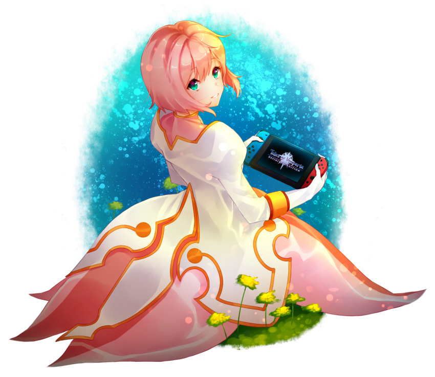 1girl arcelle blush commentary controller dress estellise_sidos_heurassein game_console game_controller gloves green_eyes handheld_game_console highres holding jacket joy-con looking_at_viewer nintendo nintendo_switch pink_hair playing_games short_hair simple_background sitting smile solo tales_of_(series) tales_of_vesperia white_background