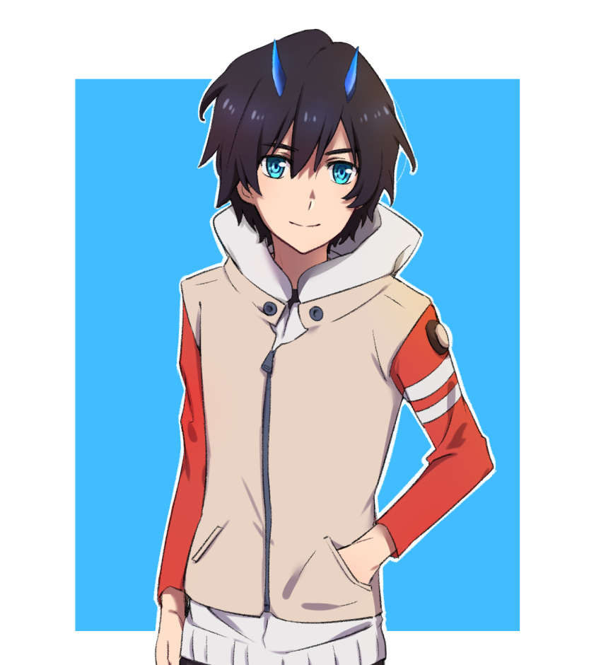 1boy bangs beige_jacket black_hair blue_eyes blue_horns commentary cosplay darling_in_the_franxx english eureka_seven eureka_seven_(series) eyebrows_visible_through_hair hand_in_pocket highres hiro_(darling_in_the_franxx) hood hooded_jacket horns jacket k_016002 looking_at_viewer male_focus oni_horns renton_thurston renton_thurston_(cosplay) short_hair solo