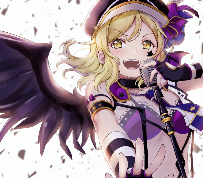 1girl :d armlet black_choker black_gloves black_nails blonde_hair bra choker confetti demon_wings elbow_gloves facial_mark fingerless_gloves gloves hat hat_feather hat_ribbon highres holding holding_microphone love_live! love_live!_sunshine!! medium_hair mia_(fai1510) microphone microphone_stand nail_polish necktie ohara_mari open_mouth outstretched_arm peaked_cap purple_bra purple_ribbon ribbon see-through smile solo star striped striped_gloves underwear upper_body upper_teeth v-shaped_eyebrows wings yellow_eyes