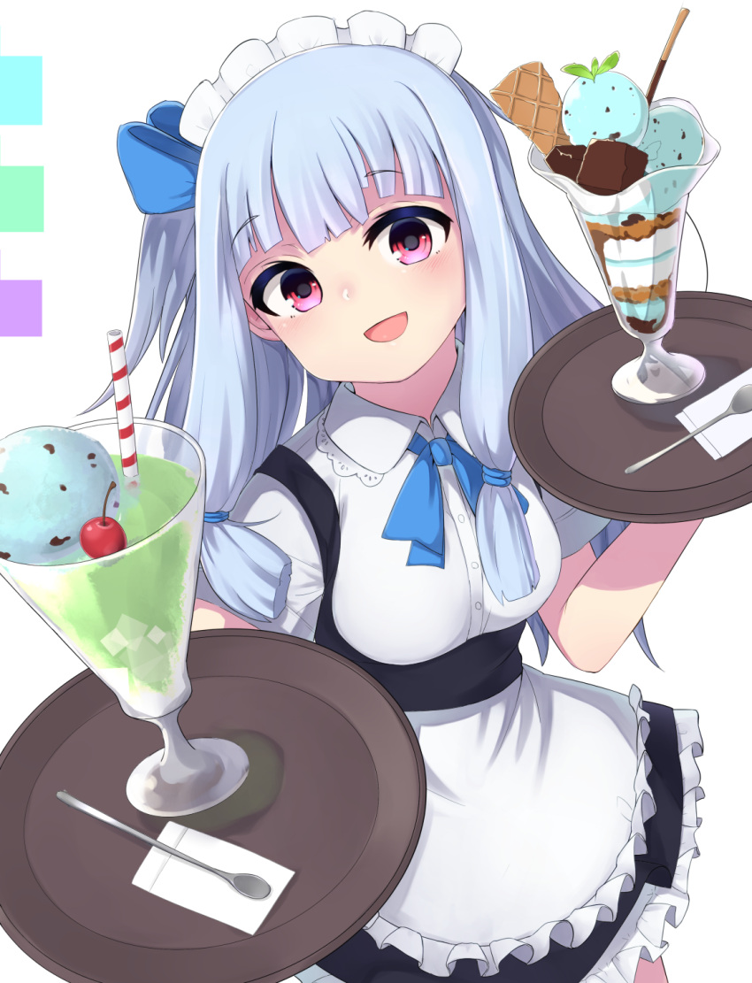 1girl :d apron bangs blue_hair blue_neckwear blue_ribbon bow bowtie breasts cherry cup dress drink drinking_glass drinking_straw eyebrows_visible_through_hair food frilled_apron frilled_dress frills fruit hair_ribbon highres holding ice_cream kotonoha_aoi light_blue_hair long_hair looking_at_viewer maid_apron maid_headdress medium_breasts napkin one_side_up open_mouth paingumi pink_eyes ribbon saucer short_sleeves smile solo spoon voiceroid white_apron white_background